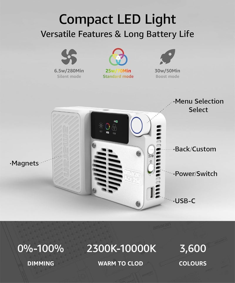 AMARAN ضوء فيديو Ace 25c، ضوء محمول RGB بقوة 25 واط للتصوير الفوتوغرافي، أضواء فيديو على الكاميرا CRI/TLCI 95+، CCT 2,300K-10,000K، ضوء Vlog قابل لإعادة الشحن وقابل للتعتيم، تحكم عبر التطبيق، شحن PD (أبيض) - Image 2